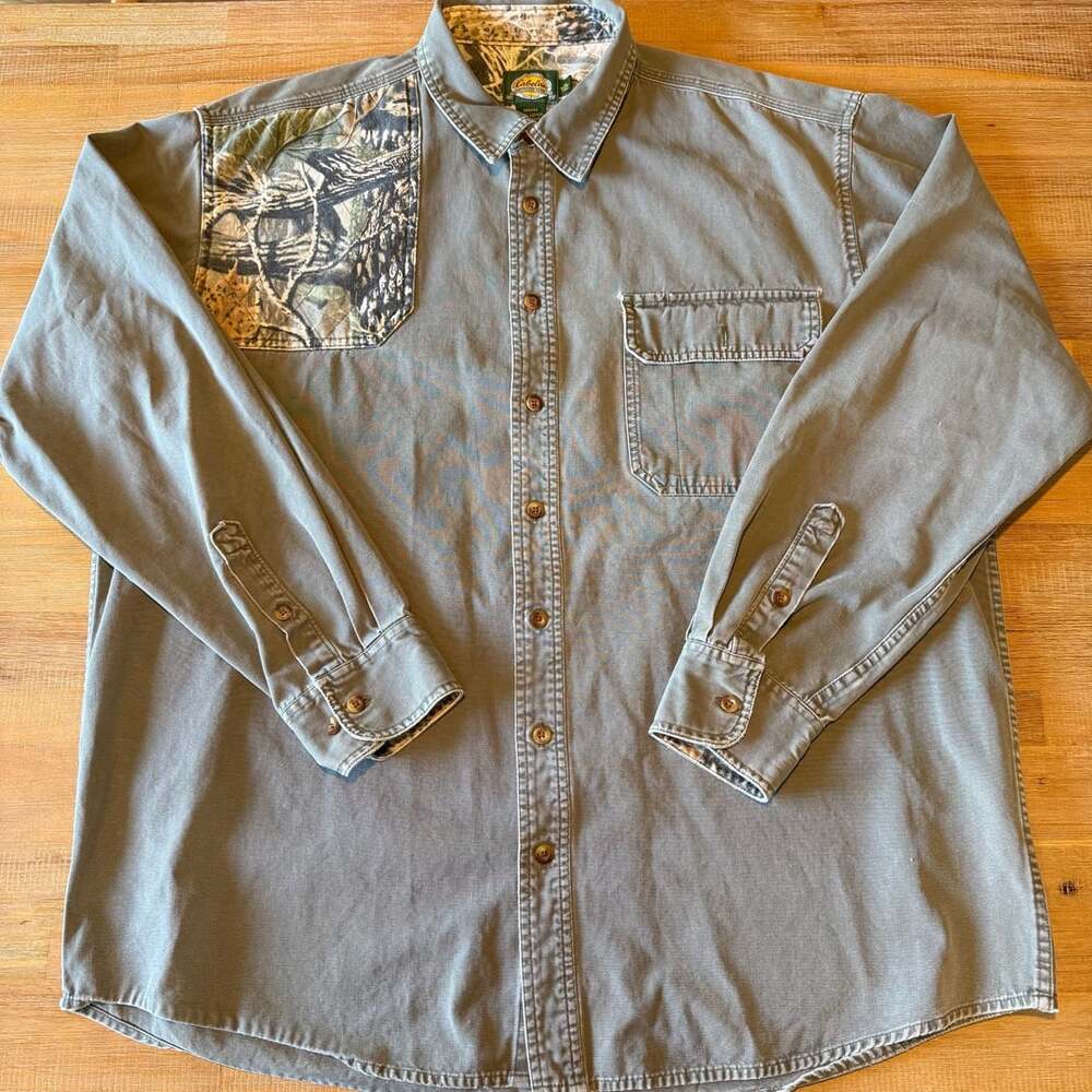 Cabelas Mens XL Tall Shooting Shirt Green Camo Patch Hunting Button Up Cotton